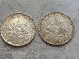 2 x 1 Fr. 1913 (Semeuse) en argent République Française