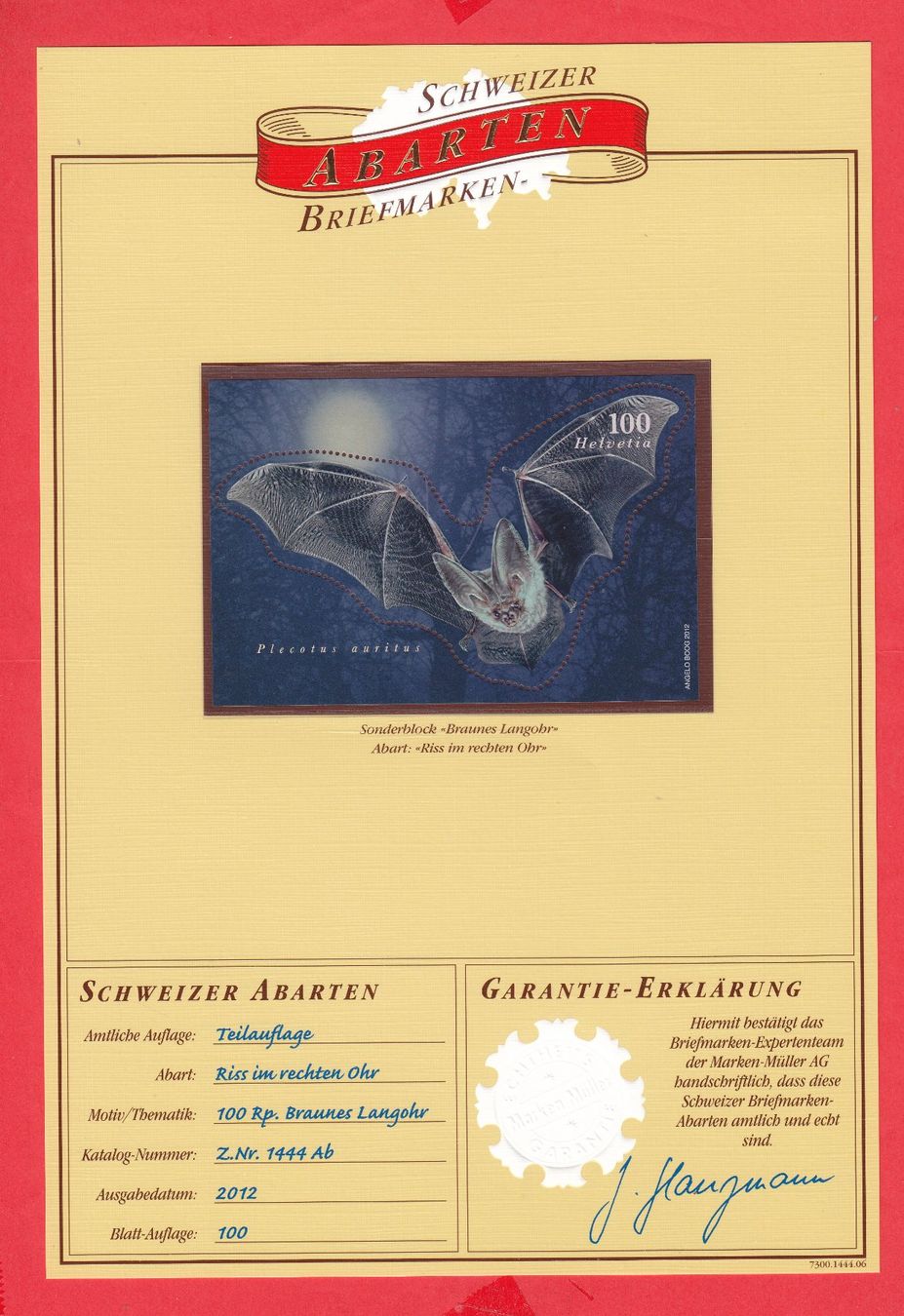 Tous les timbres: 2012 Abart Ab Sonderblock Braunes Langohr ** Postfrisch ** – Neuf (Voir description) à Adliswil par Aenti