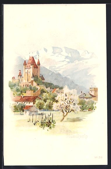 Cartoline postali: Litho Thun, Ortsansicht mit Blümlisalp – Usato da Berlin venduto da bartko-reher