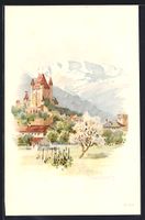 Litho Thun, Ortsansicht mit Blümlisalp