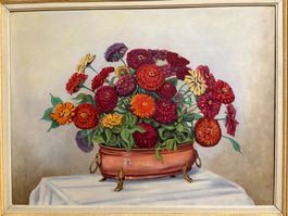 97cmbreitx77 cm hoch Aug. Meier / Öl Gemälde Zinnien