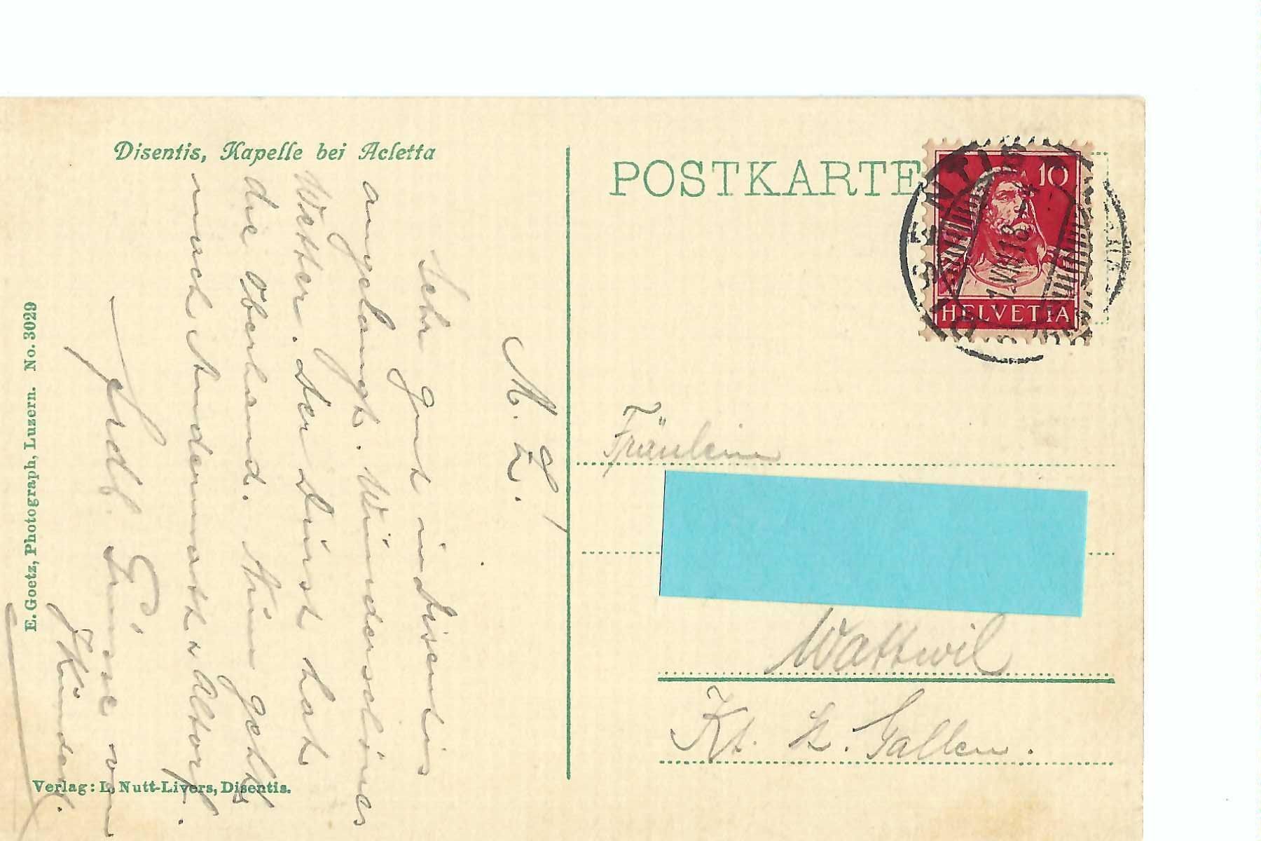 Cartoline postali: Disentis Kapelle bei Acletta  1918 – Usato da Thun venduto da 44wart 1