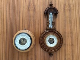 Antikes Barometer- und Thermometer-Set aus Holz
