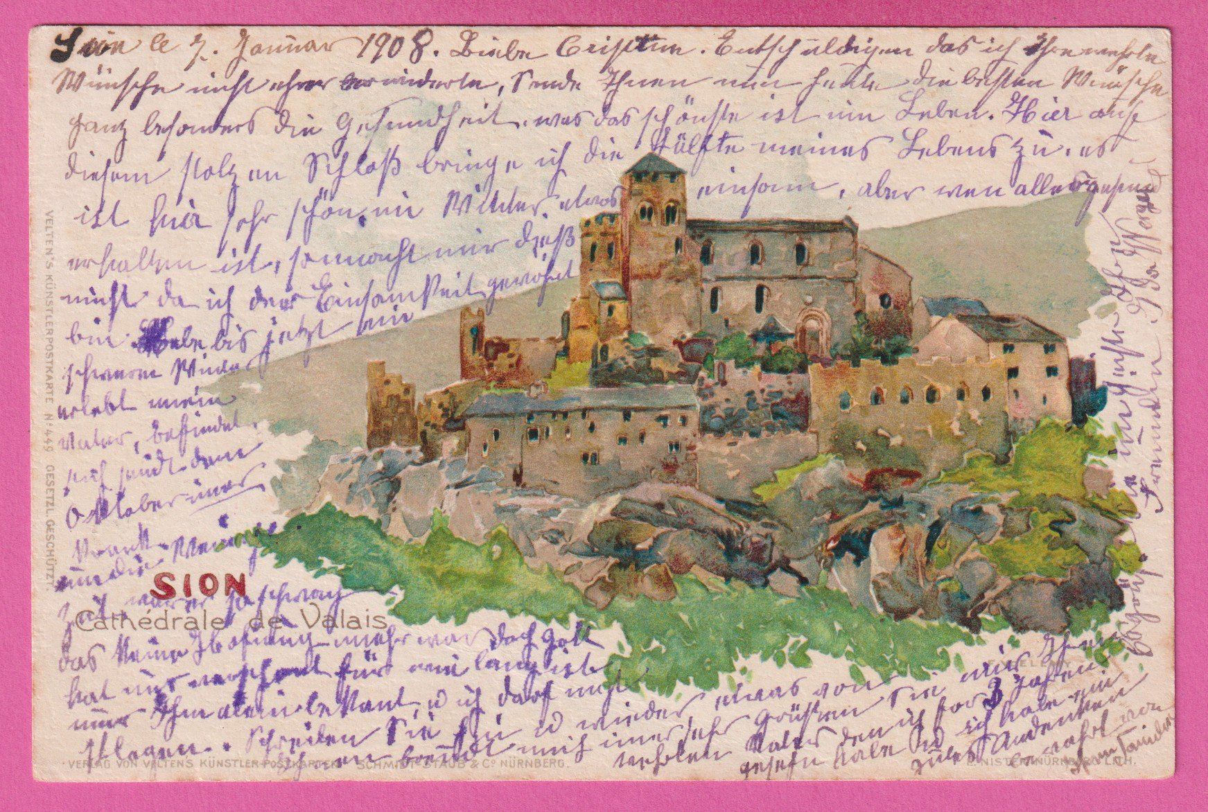 Cartoline postali: Sion Sitten Cathédrale gel 1908 – Usato da Einsiedeln venduto da dillie