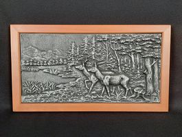Alt Eisenguss Relief Wald Reh Szene 46cm X 25cm