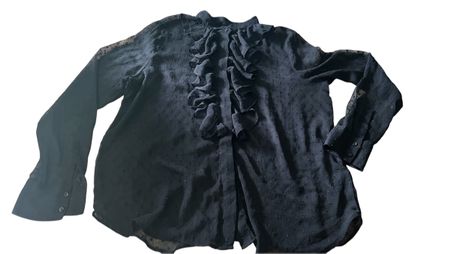 Schwarze Rüschenbluse mit Tupfenmuster, Grösse L