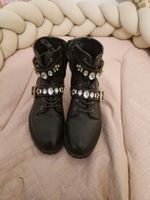 Schnürstiefeletten Damen schwarz mit Schmucksteinen