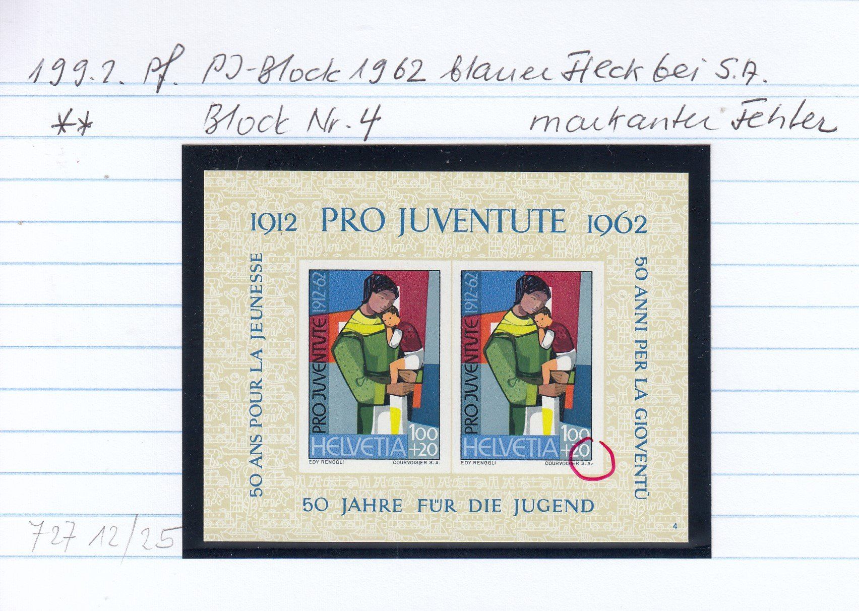 Tutti i francobolli: 198.2.** Pf. PJ-Block 1962 blauer Fleck bei S.A., 2. Marke – Nuovo (secondo la descrizione) da Spreitenbach venduto da Lienbi01 1
