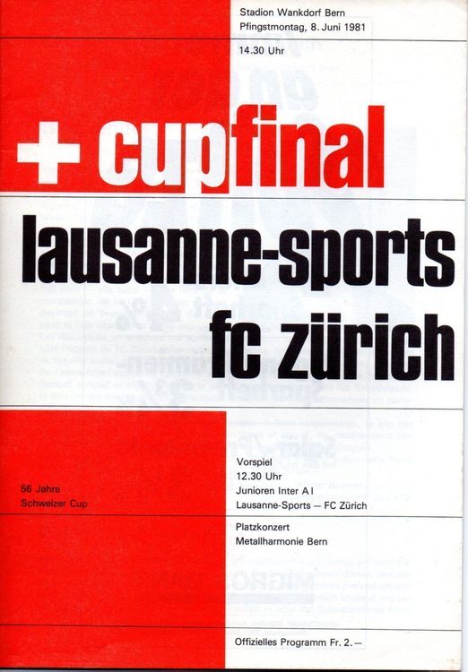 LAUSANNE SPORTS LS FC ZÜRICH FCZ CUP FINAL PROGRAMM 1981 Kaufen auf