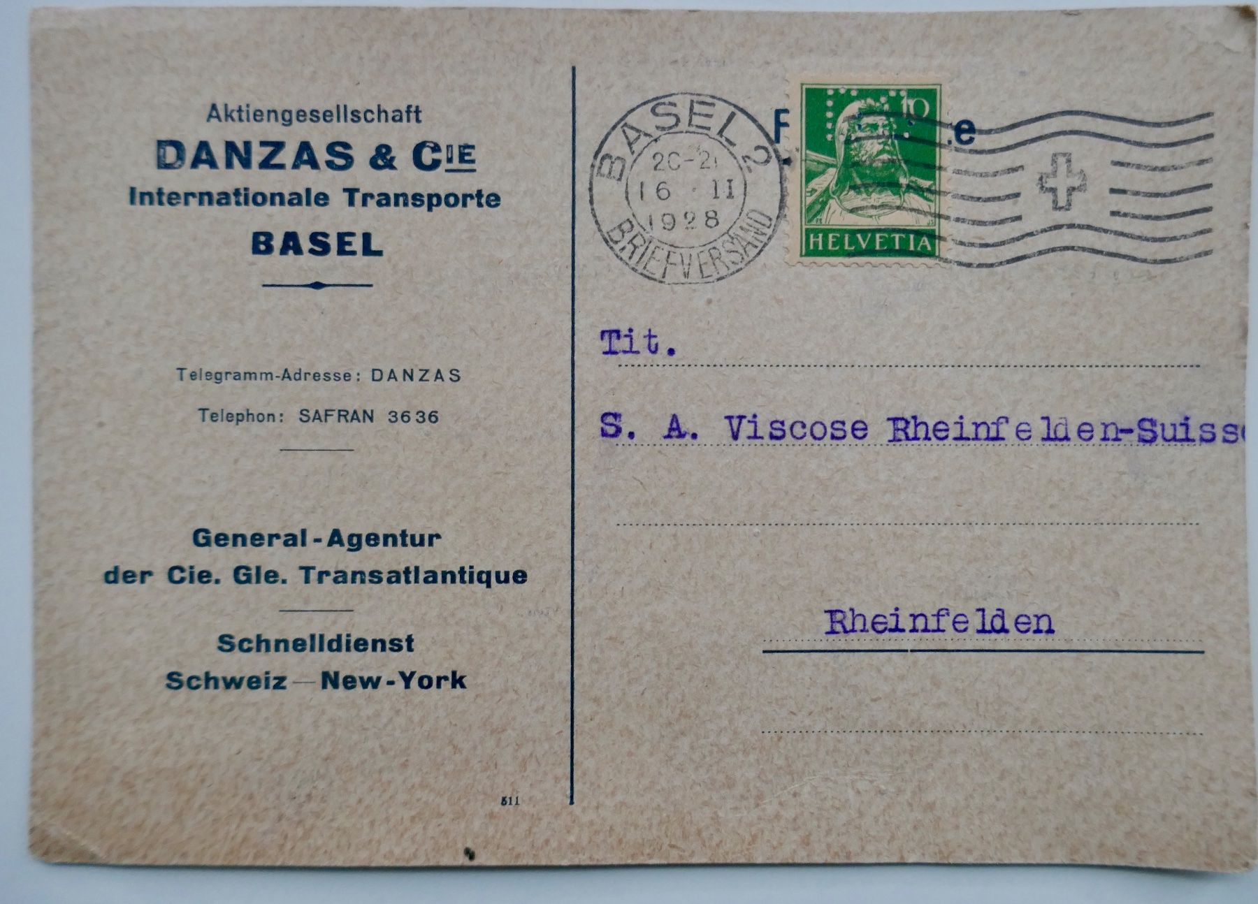 Dokumente: Geschäftskorrespondenz Verschiffungsanzeige 1928 Danzas – Gebraucht aus Möhlin von PHILABARTIS