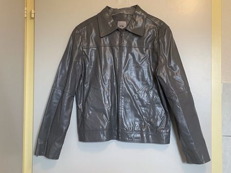 Veste en cuir véritable Mango grise