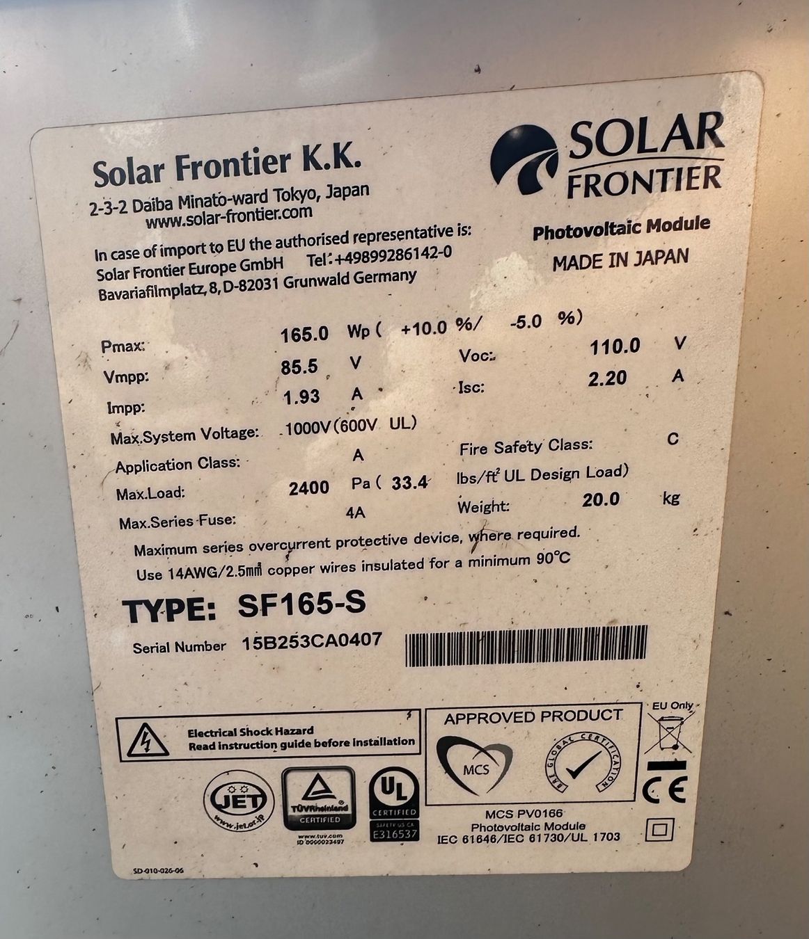 Dispositivi a energia solare: Solar Frontier SF165-S Photovoltaikmodul 165Wp. – Usato da Biel-Benken BL venduto da Denali4