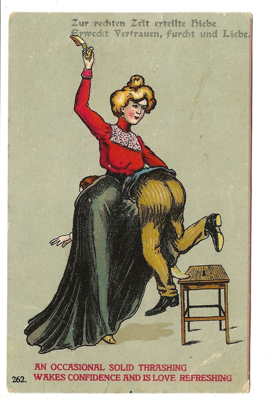 Cartoline postali: Rabiate Ehefrau züchtigt Ehemann - Spruch - Litho - 1909 – Usato da Engelburg venduto da Cartophil