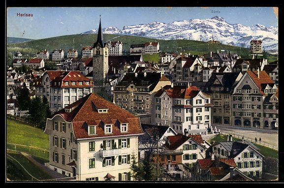 Cartoline postali: Herisau, Ortsansicht mit Kirche und Berg – Usato da Berlin venduto da bartko-reher