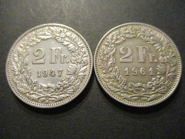 Alle Münzen: 2 x 2.- Fr 1947 + 1961 – Gebraucht aus Lovens von Jelmi