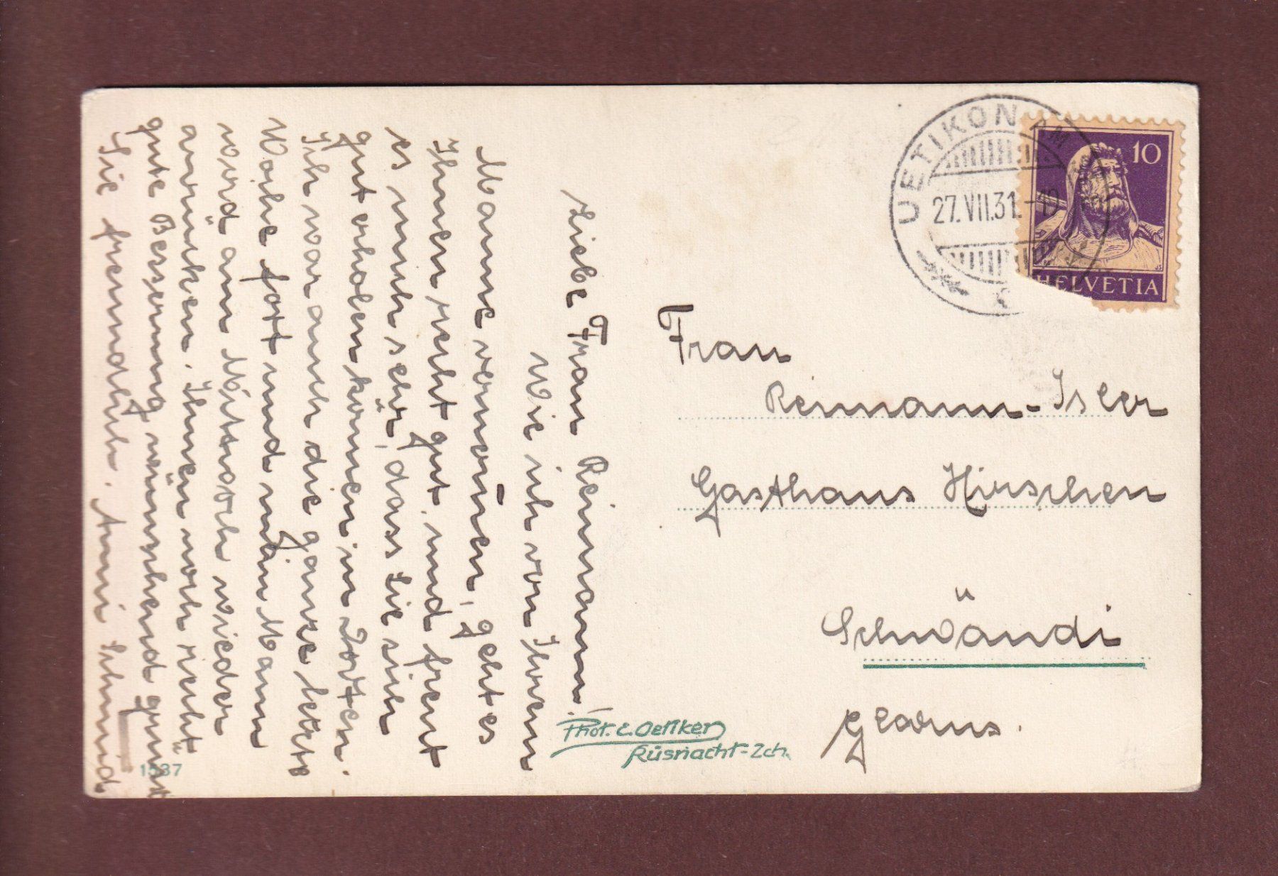 Cartoline postali: UETIKON - Kirche - 1931 – Usato da Pully venduto da nicecards-shop 1
