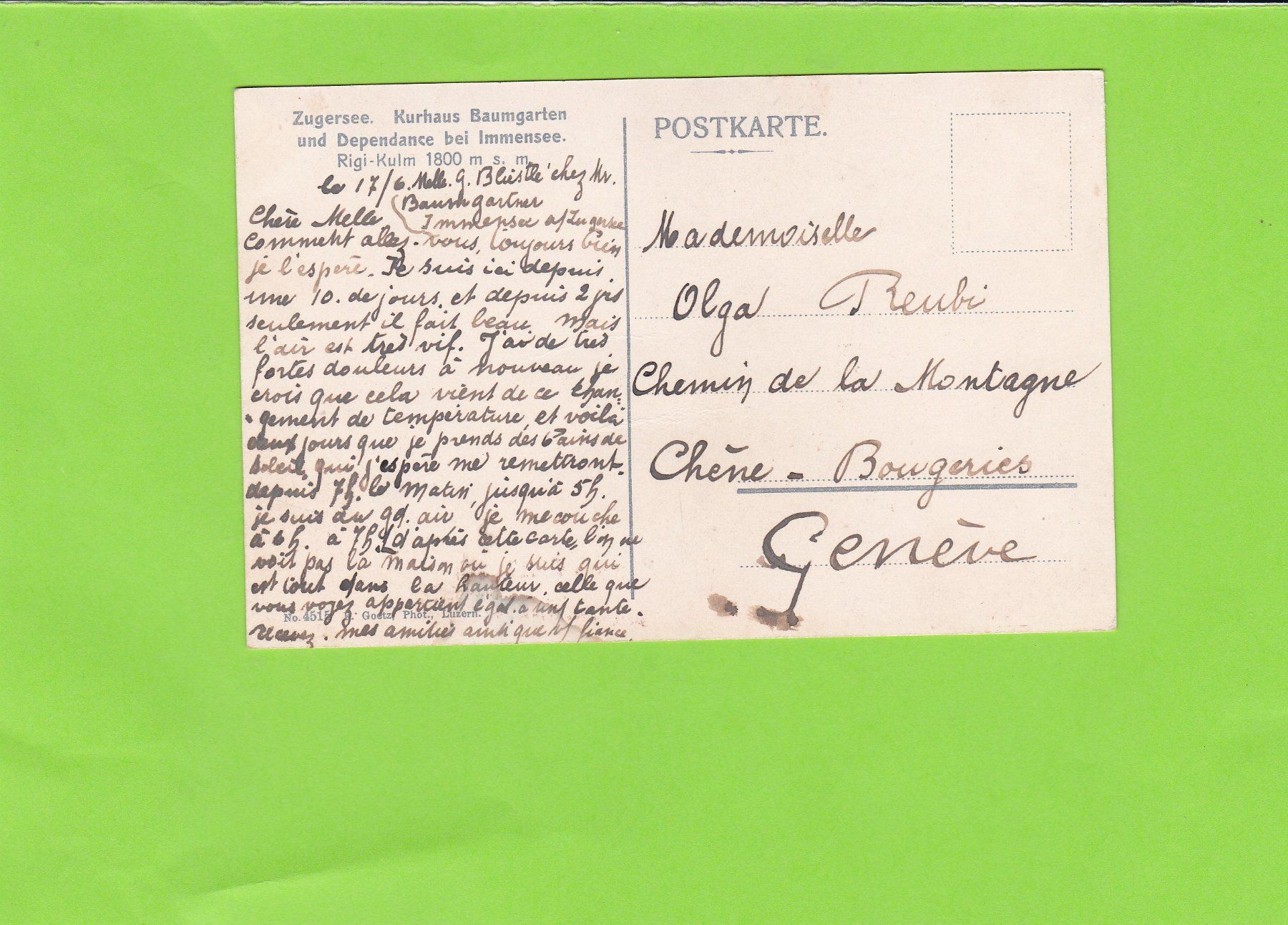Cartoline postali: Zugersee-Kurhaus Baumgarten – Usato da St. Peterzell venduto da neckertal 1