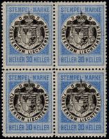 30 Heller Fiskalmarke von LIECHTENSTEIN im Viererblock