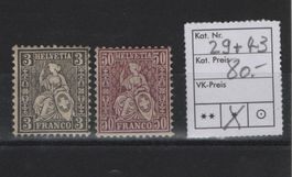 Sitzende Helvetia Nr. 29 + 43 Falz Weissespapier Kat. 80.-