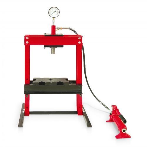 Produktbild von 6 T H-Typ Hydraulikpresse Mit Manometer & 10-teiligem Druckstücksatz – Werkstattpresse Für Kugelgelenke, Buchsen & U-Gelenke, 280 Mm Arbeitsbreite, 125 Mm Hub, Kohlenstoffstahl, Rot
