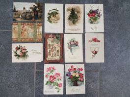 Antike Karten 11x, Geburtstag, Weihnachten, Neujahr