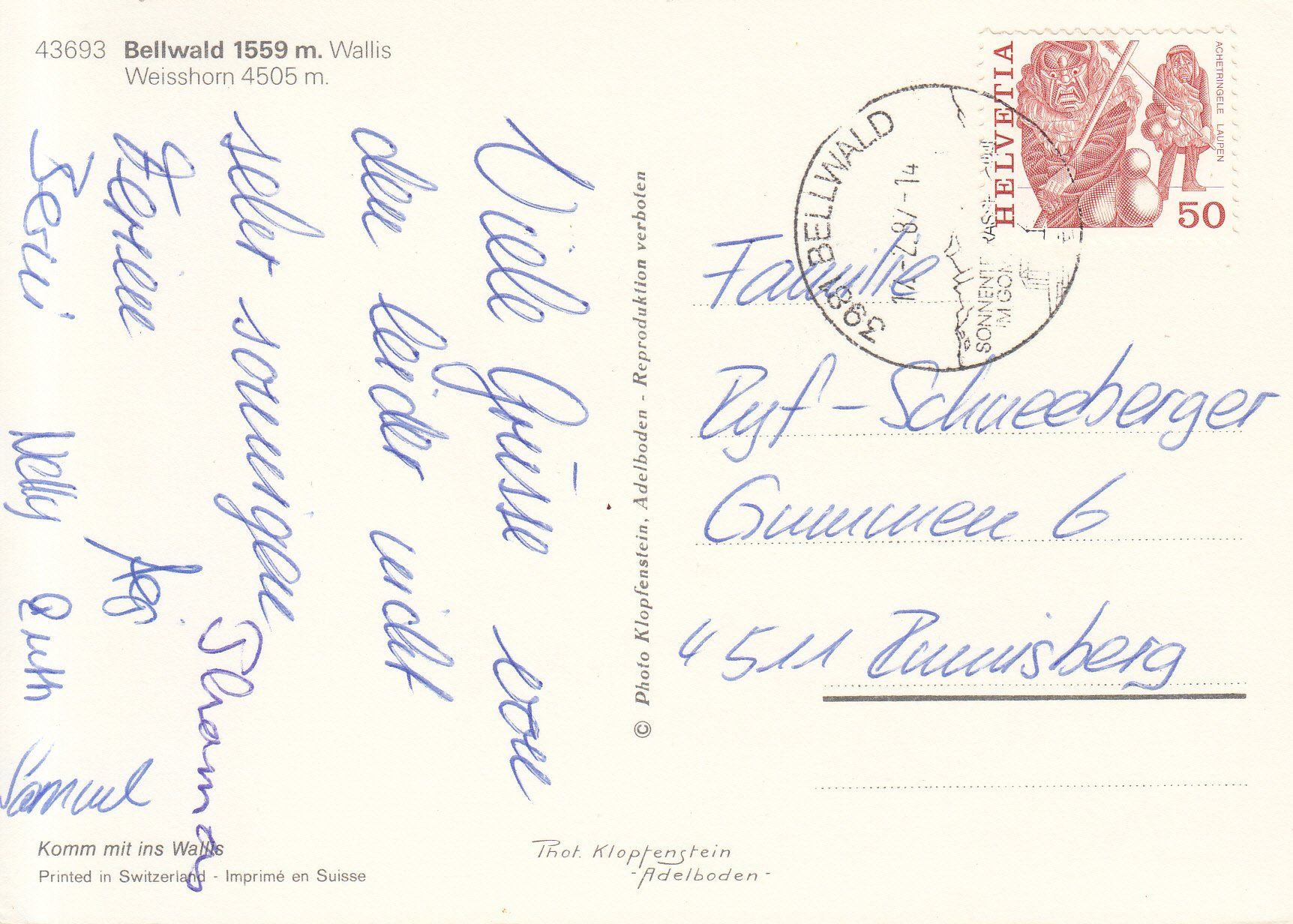 Cartoline postali: Bellwald 1987 – Usato da Bürglen TG venduto da StampGraf 1