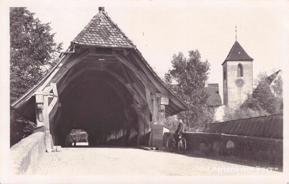 Ansichtskarten: Aarberg BE // 1932 Brücke Velofaher Aare – Gebraucht aus Basel von intermezzo12