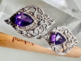 Silber Ohrstecker Spinell violett Handarbeit Dekor filigran