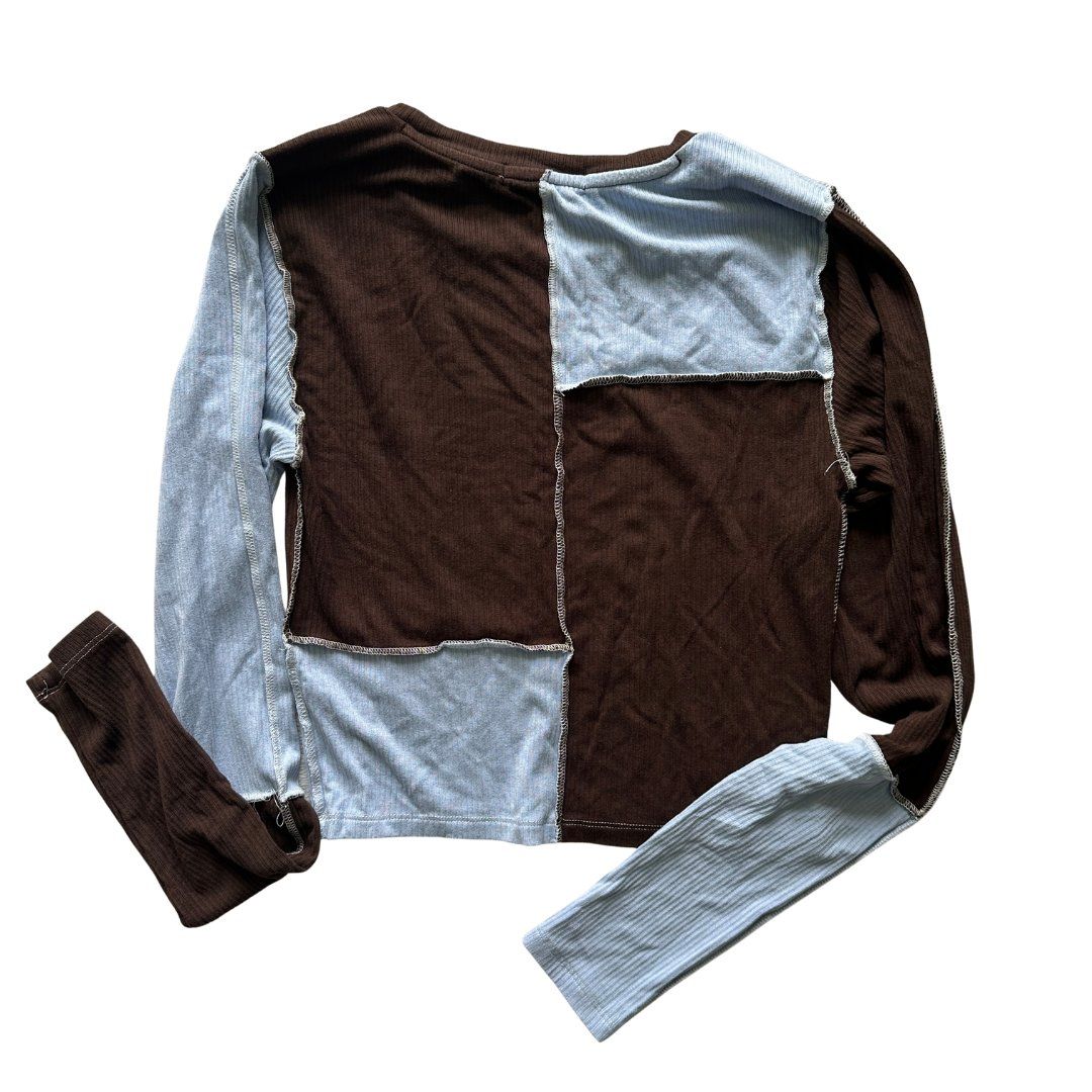 Top: Two-tone patchwork top, brown & light blue, Y2K, size S – Usato da Zofingen venduto da JumpInVintage 1