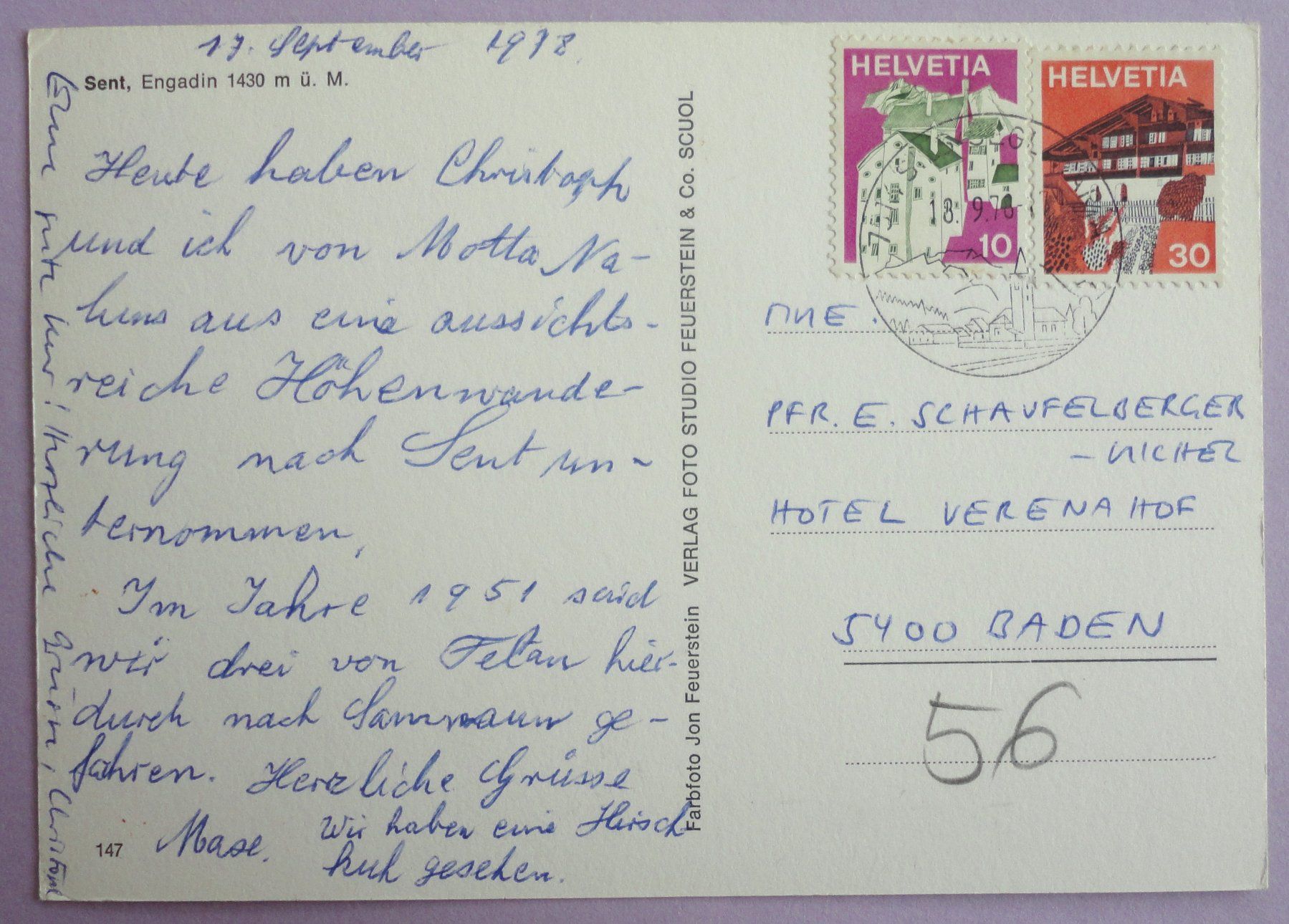 Cartes postales: Sent, Engadin 1430 m ü.M. – D'occasion à Fétigny par Billy2miny 1
