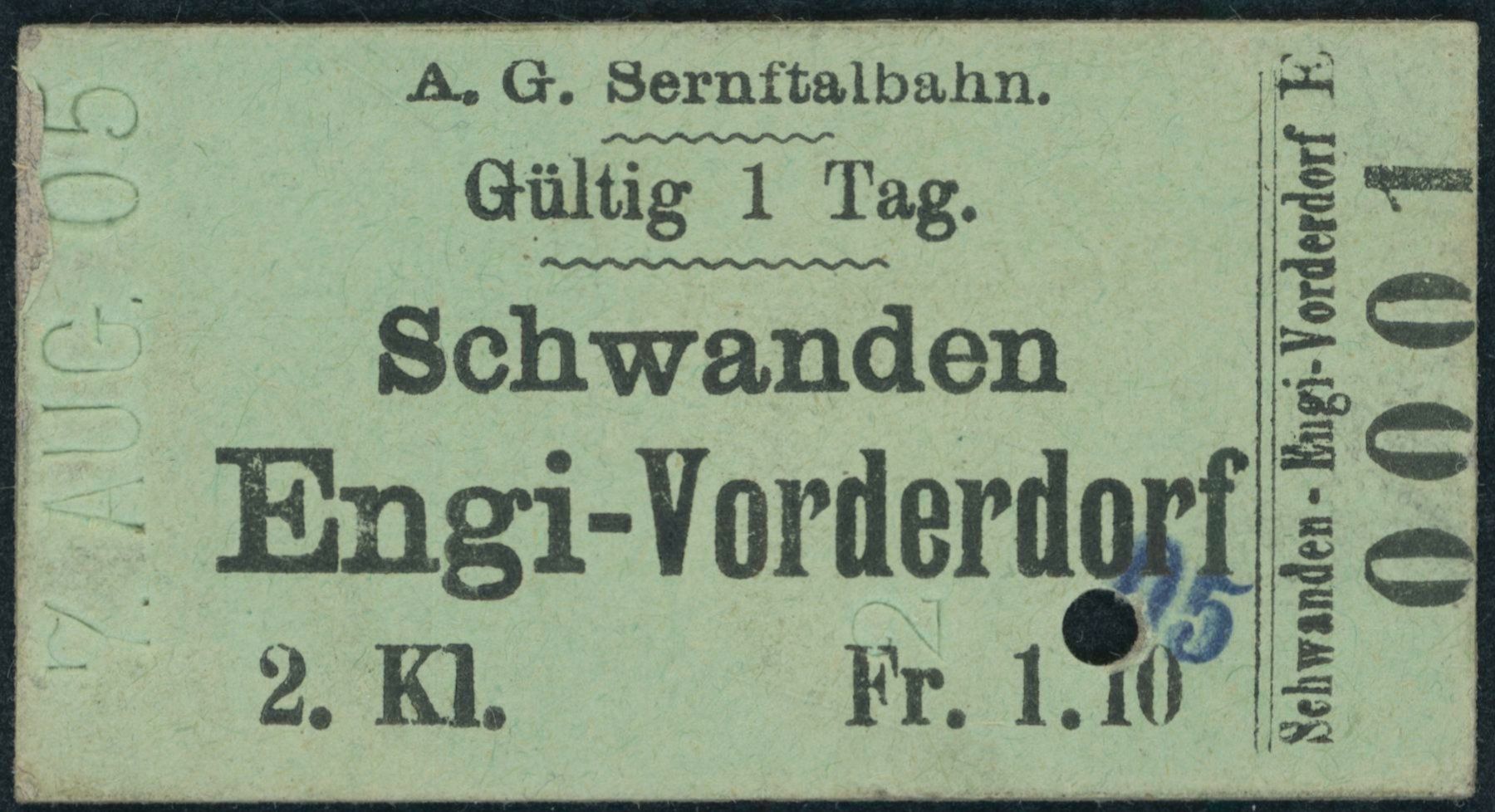 Biglietti: GL Sernftalbahn SeTB - Bahn Billett - Schwanden • Engi – Usato da Schindellegi venduto da leecollect