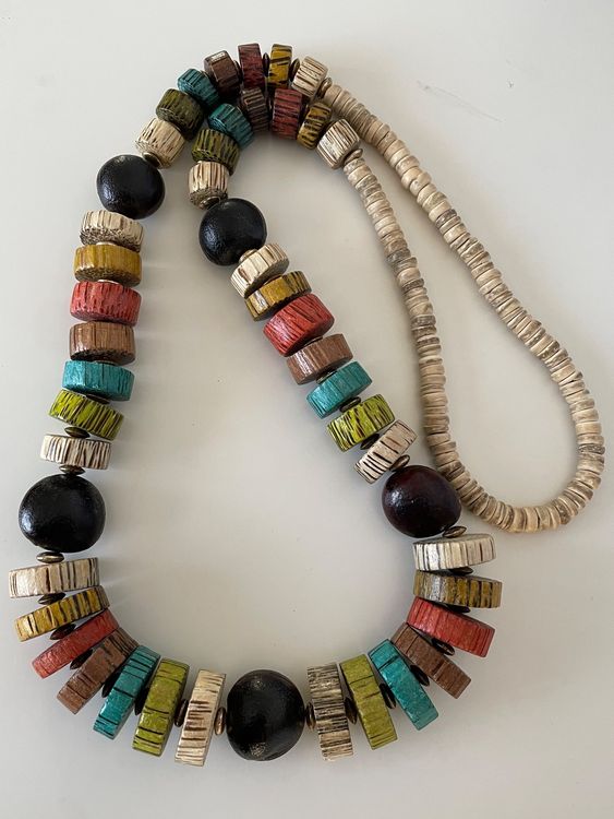 Collier Ethnique Vintage Réglable En Perles De Bois Ancien - Bijou Unique - Occasion