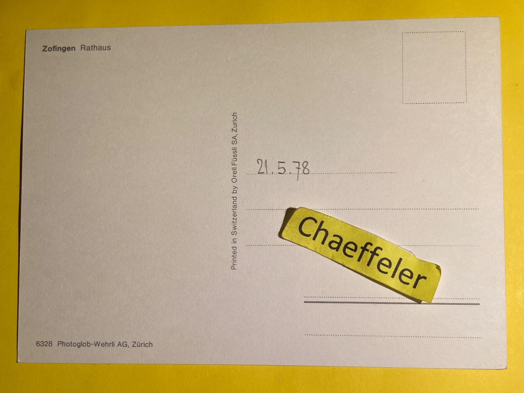 Cartoline postali: 1978 Zofingen, Rathaus – Usato da Zürich venduto da Chaeffeler 1