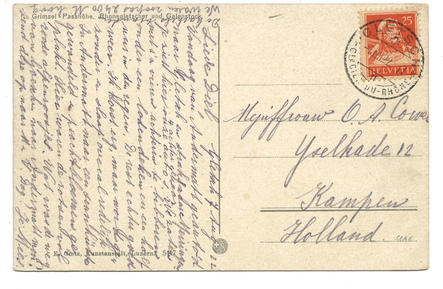 Cartoline postali: Grimsel-Passhöhe BE/VS Postauto  Rhonegletscher Gletsch 1922 – Usato da Engelburg venduto da Cartophil 1