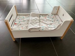 Puppenbett aus Holz  komplett mit Bettwäsche