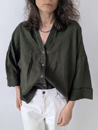 Damen Bluse ZARA dunkelgrün Grösse L, oversize Leinenmix