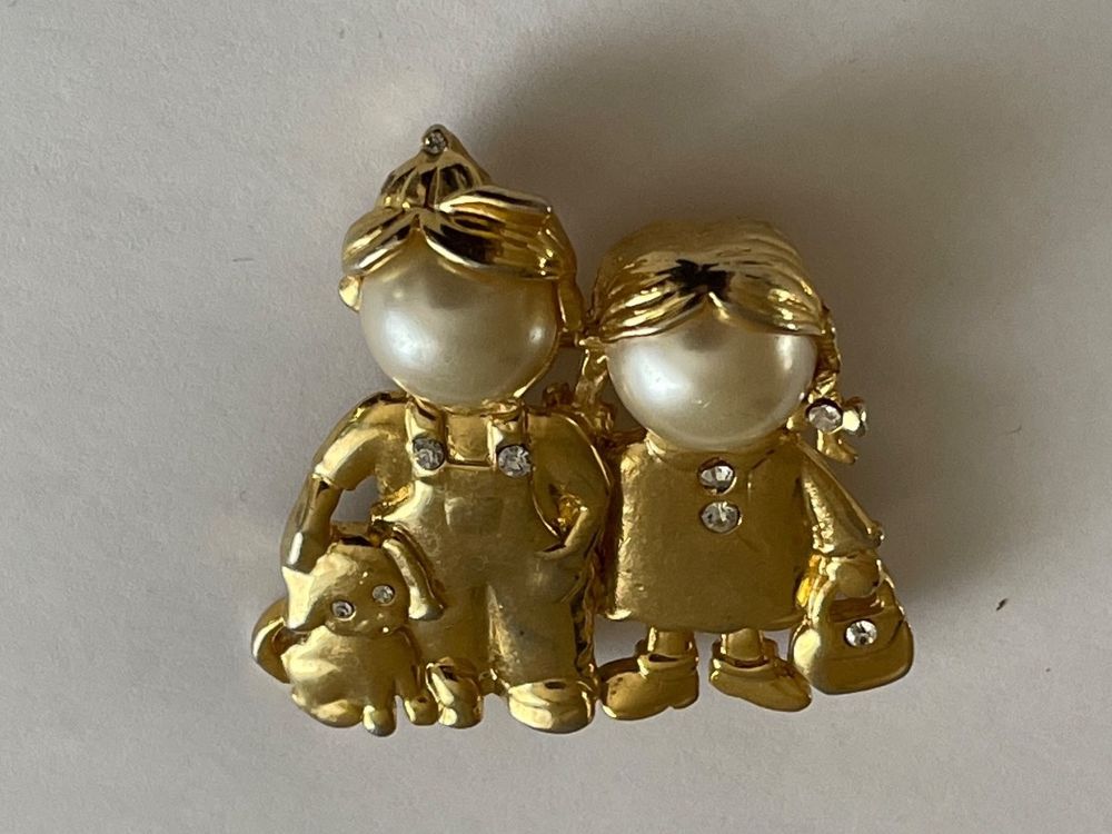 Broche Ancienne Plaqué Or Vintage – Grosse Perle Et Brillants – Bijou Rétro