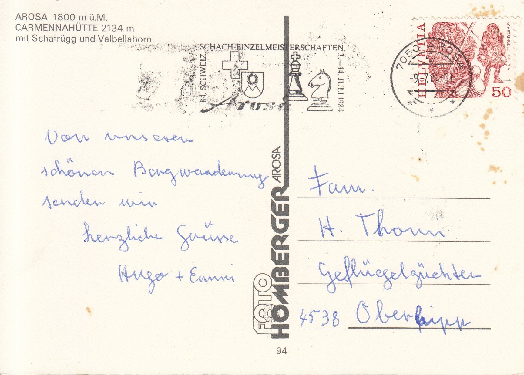 Ansichtskarten: Carmennahütte 1984 – Gebraucht aus Bürglen TG von StampGraf 1