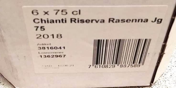 Vino: Chianti, Riserva Rasenna 2018 - 6 Flaschen, 75 cl - – Nuovo e nell'imballaggio originale da Zürich venduto da 1980ale 2