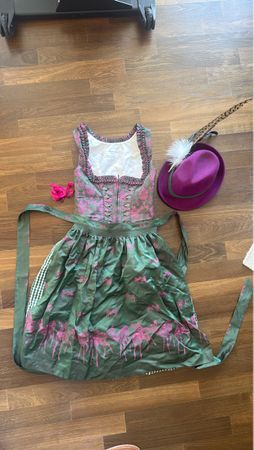 Dirndl Dress with Matching Hat Green Pink Like New