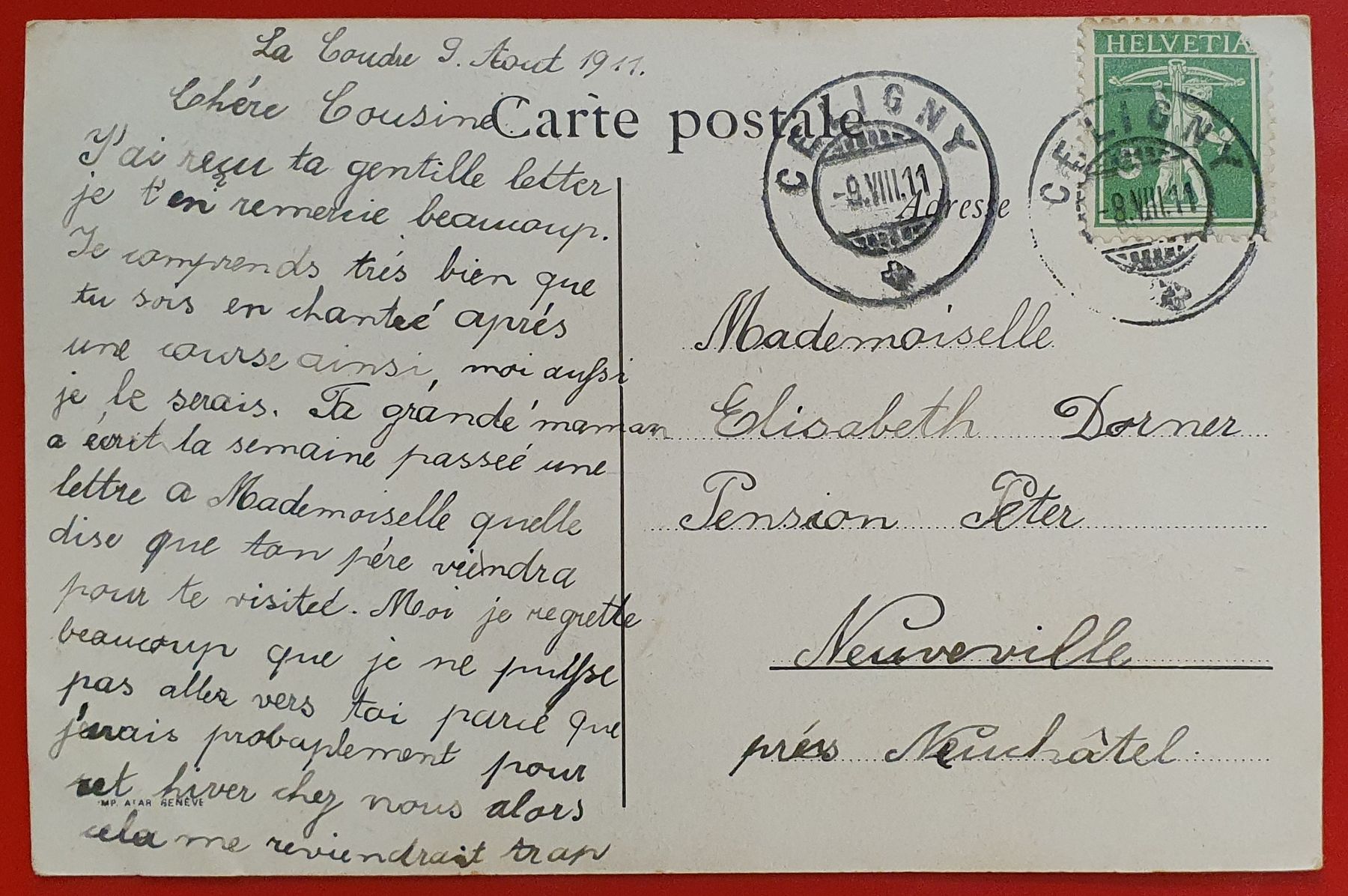 Cartoline postali: Celigny 1911 - La Grand Coudre – Usato da Kreuzlingen venduto da Rschweiz1 1