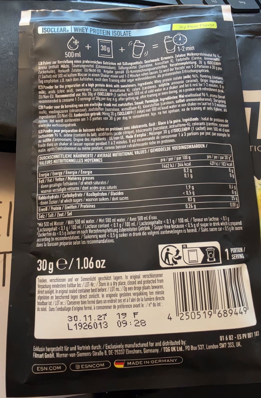 Esn Cibi & Specialità: ESN Isoclear 5x 30 Gramm Icy Pear – Nuovo e nell'imballaggio originale da Muhen venduto da Savana16 1
