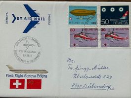 ✈️ Sonderbrief Erstflug 1975 Genève 🐉 Peking: 4 Briefmarken