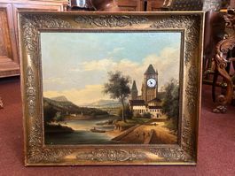 Wundervolle Bilderuhr ~1850  Öl auf Leinwand sehr RAR ab 1.-