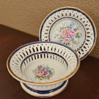 Tolle Tiche Limoges Konfektschale, blau/gold mit Blumen