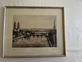 Originale Zürcher Radierung von R. Klauser, gerahmt.