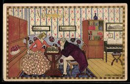 sign. Mitzi Marbach: Paar beim Schach, J