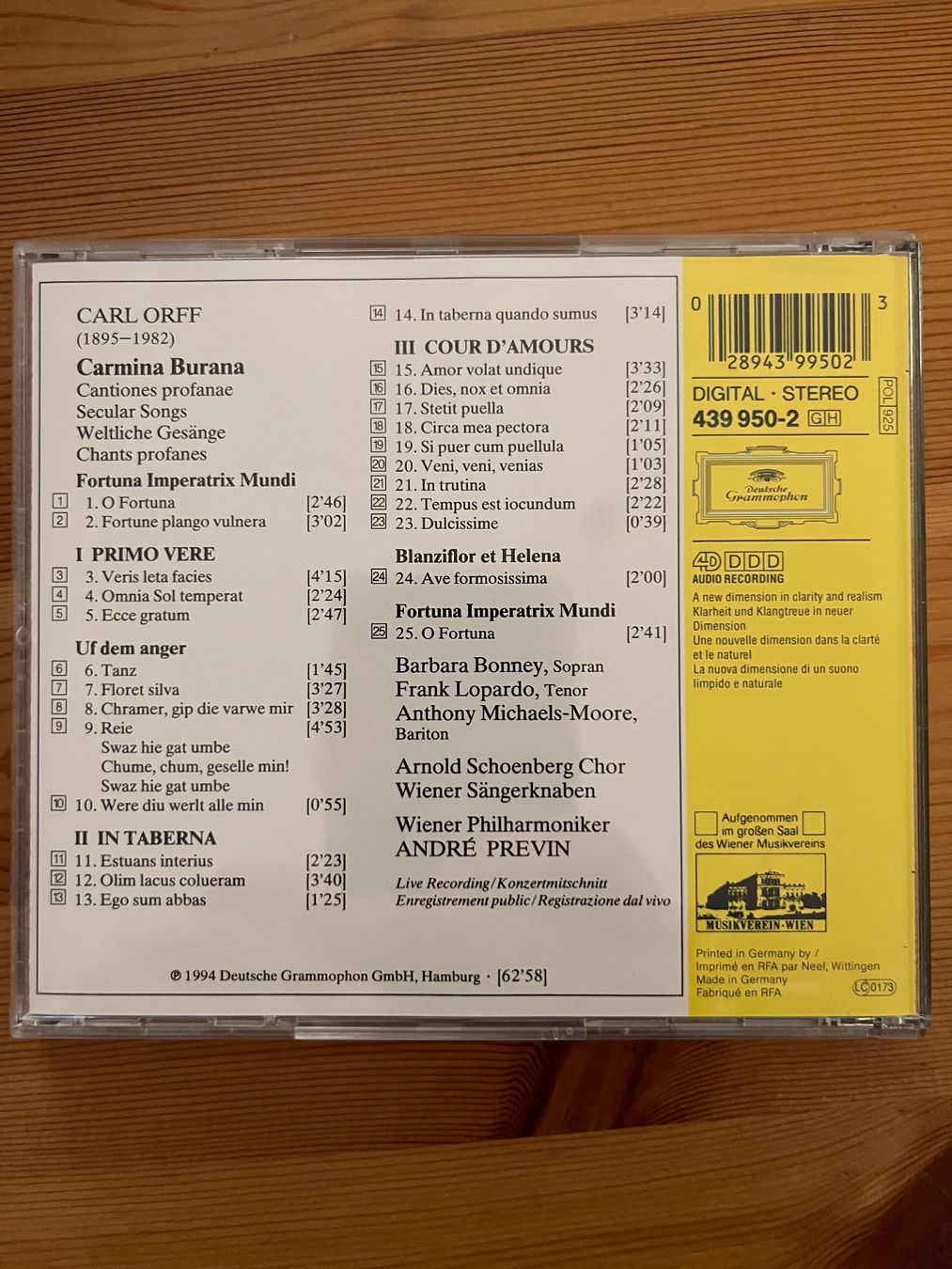 CD: CARMINA BURANA - CARL ORFF - ANDRÉ PREVIN – Usato da Lausanne venduto da sbar224 1