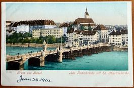 Basel - Rheinbrücke mit St. Martinskirche - Litho 1902