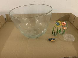 Glas Schale mit bunten Glasfischen Deko Set 🐟🐦 Ki3